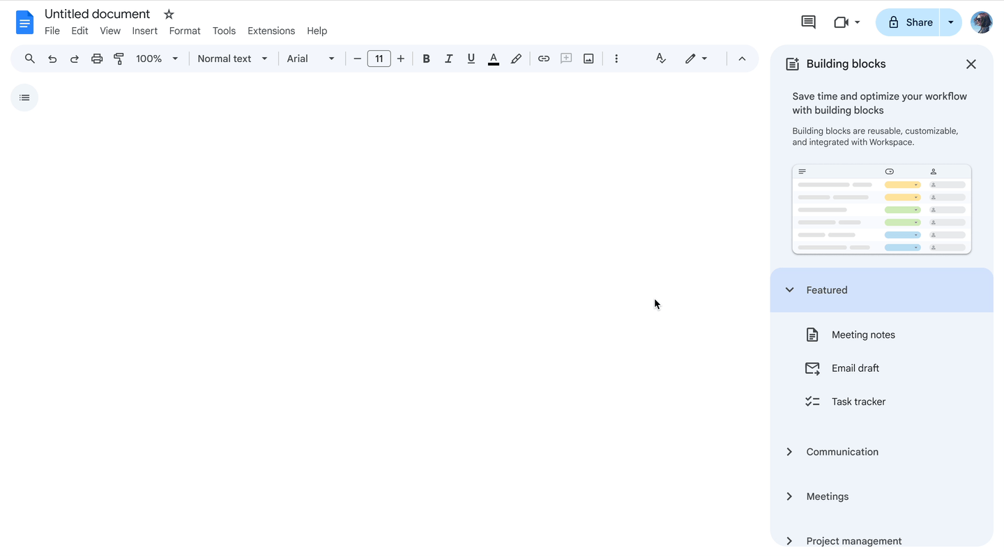browse, find, and preview building blocks in docs sidebar